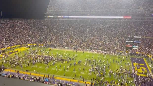 LSU fans storming the field on Saturday night.