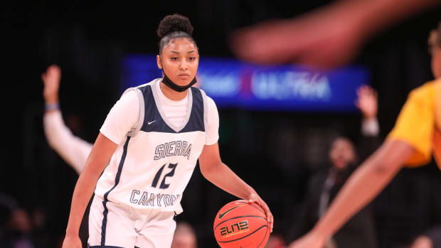 LOS ANGELES, CA - DECEMBER 04: Juju Watkins of Sierra Canyon drives the ball against a Christ the King player during The Chosen - 1's Invitational High School Basketball Showcase at the Staples Center on Saturday, Dec. 4, 2021 in Los Angeles, CA. (Jason Armond / Los Angeles Times via Getty Images)