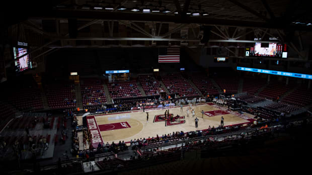 A general overhead view of Conte Forum at Boston College.