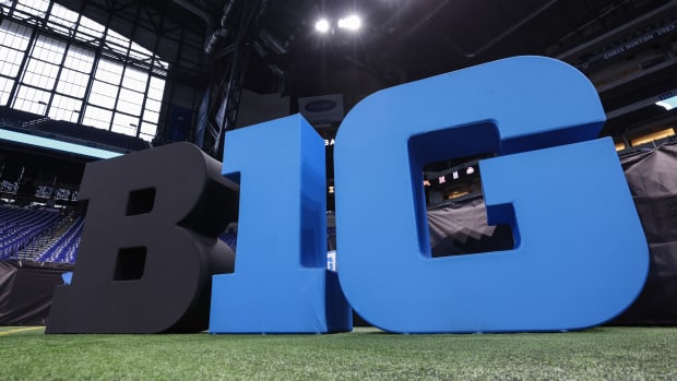 The Big Ten Conference logo during the 2022 B1G Football Media Days at Lucas Oil Stadium.