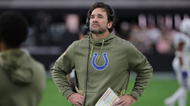 Colts interim head coach Jeff Saturday looks on during the second quarter of a game against the Las Vegas Raiders.