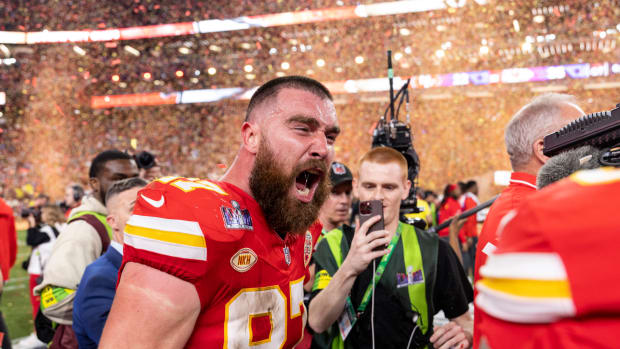 Chiefs tight end Travis Kelce celebrating the Super Bowl.