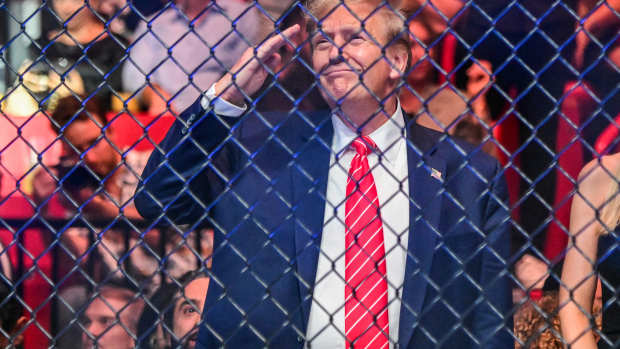 TOPSHOT - Former US President Donald Trump attends the Ultimate Fighting Championship (UFC) 299 mixed martial arts event at the Kaseya Center in Miami, Florida on March 9, 2024. (Photo by GIORGIO VIERA / AFP) (Photo by GIORGIO VIERA/AFP via Getty Images)