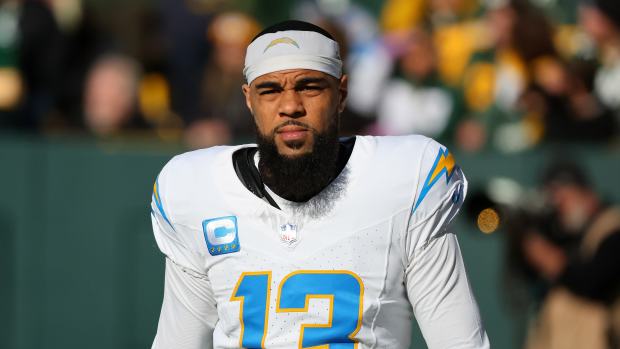 GREEN BAY, WISCONSIN - NOVEMBER 19: Keenan Allen #13 of the Los Angeles Chargers participates in warmups prior to a game against the Green Bay Packers at Lambeau Field on November 19, 2023 in Green Bay, Wisconsin. The Packers defeated the Chargers 23-20. (Photo by Stacy Revere/Getty Images)