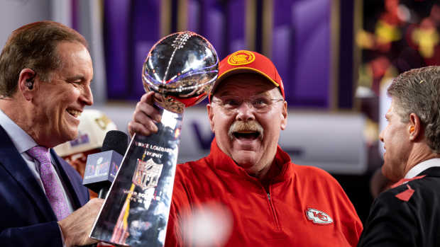 LAS VEGAS, NEVADA - FEBRUARY 11: Head coach Andy Reid of the Kansas City Chiefs celebrates with the Vince Lombardi Trophy following the NFL Super Bowl 58 football game between the San Francisco 49ers and the Kansas City Chiefs at Allegiant Stadium on February 11, 2024 in Las Vegas, Nevada. (Photo by Michael Owens/Getty Images)