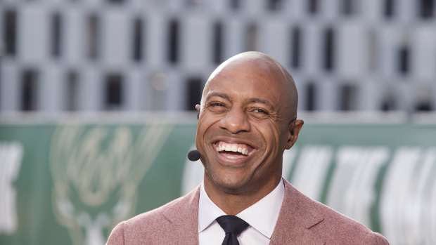 ESPN basketball analyst Jay Williams smiles on-set of the 2021 NBA Finals.