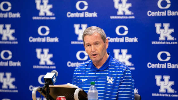 UK Athletics Director Mitch Barnhart speaks with reporters Friday about alcohol sales being available at all athletic events this coming season.  (Silas Walker/Lexington Herald Leader/Tribune News Service via Getty Images)