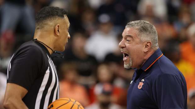 SPOKANE, WASHINGTON - MARCH 22: Head coach Bruce Pearl of the Auburn Tigers reacts after the ejection of Chad Baker-Mazara #10 during the first half against the Yale Bulldogs in the first round of the NCAA Men's Basketball Tournament at Spokane Veterans Memorial Arena on March 22, 2024 in Spokane, Washington. (Photo by Steph Chambers/Getty Images)