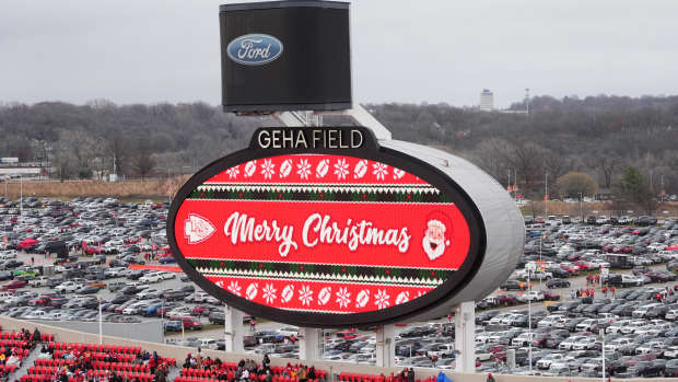 Merry Christmas message on the board at Arrowhead Stadium.