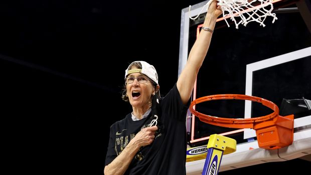 SAN ANTONIO, TEXAS - APRIL 04:  Head coach Tara VanDerveer of the Stanford Cardinal celebrates after cutting down the net during the National Championship game of the 2021 NCAA Women's Basketball Tournament at the Alamodome on April 04, 2021 in San Antonio, Texas.The Stanford Cardinal defeated the Arizona Wildcats 54-53 to win the national title. (Photo by Elsa/Getty Images)