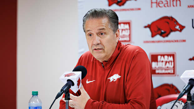 FAYETTEVILLE, ARKANSAS - APRIL 10: New Arkansas Razorbacks basketball head coach John Calipari holds his first news conference after his introduction at Bud Walton Arena on April 10, 2024 in Fayetteville, Arkansas. (Photo by Wesley Hitt/Getty Images)