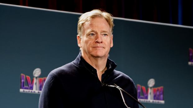 LAS VEGAS, NEVADA - FEBRUARY 12: NFL Commissioner Roger Goodell address the media during the Super Bowl Winning Team Head Coach and MVP Press Conference at the Mandalay Bay North Convention Center on February 12, 2024 in Las Vegas, Nevada. (Photo by Don Juan Moore/Getty Images)