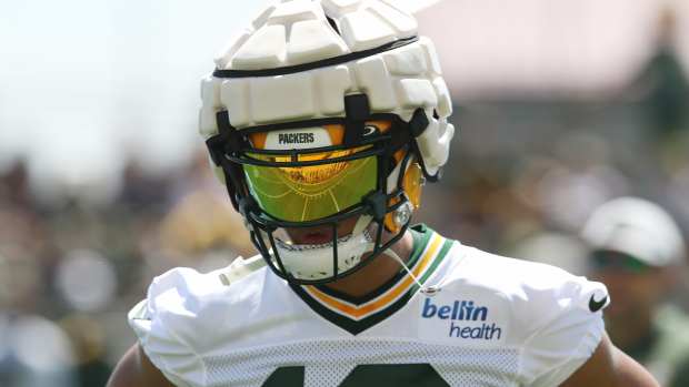 ASHWAUBENON, WI - JULY 27: Green Bay Packers wide receiver Allen Lazard (13) shows off the new concussion helmets during Green Bay Packers training camp at Ray Nitschke Field on July 27, 2022 in Ashwaubanon, WI. (Photo by Larry Radloff/Icon Sportswire via Getty Images)