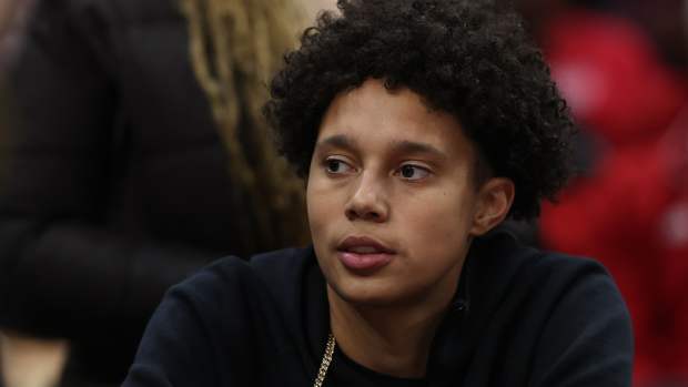 CLEVELAND, OHIO - APRIL 05: Brittney Griner looks on in the second half during the NCAA Women's Basketball Tournament Final Four semifinal game between the UConn Huskies and the Iowa Hawkeyes at Rocket Mortgage Fieldhouse on April 05, 2024 in Cleveland, Ohio. (Photo by Steph Chambers/Getty Images)