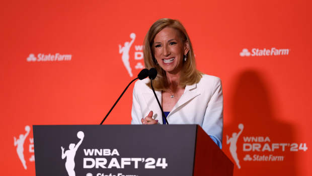 WNBA Commissioner Cathy Engelbert speaks before the 2024 WNBA Draft.