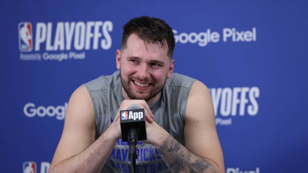 OKLAHOMA CITY, OK - MAY 9: Luka Doncic #77 of the Dallas Mavericks talks to the media after the game during the post-game press conference  during Round 2 Game 2 of the 2024 NBA Playoffs  on May 9, 2024 at Paycom Arena in Oklahoma City, Oklahoma. NOTE TO USER: User expressly acknowledges and agrees that, by downloading and or using this photograph, User is consenting to the terms and conditions of the Getty Images License Agreement. Mandatory Copyright Notice: Copyright 2024 NBAE (Photo by Joe Murphy/NBAE via Getty Images)
