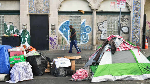 A photo of skid row in Los Angeles.