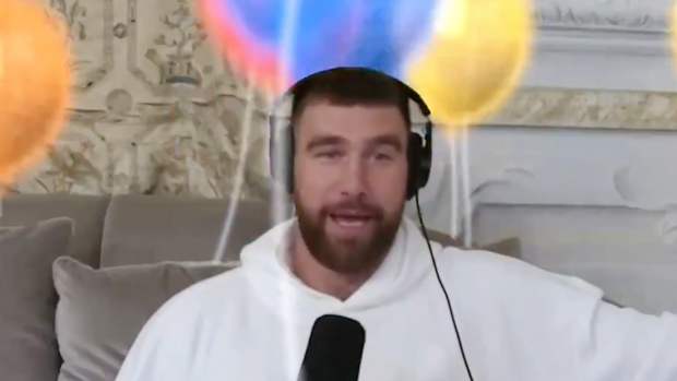 Travis Kelce triggers a balloon effect on the "New Heights" podcast.