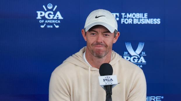 Rory McIlroy speaks to the media.