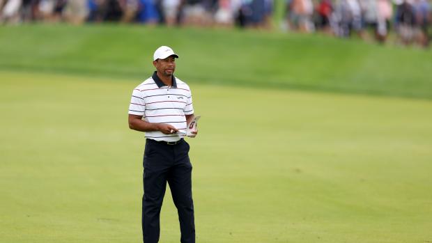 LOUISVILLE, KENTUCKY - MAY 17: Tiger Woods of the United States looks on from the first fairway during the second round of the 2024 PGA Championship at Valhalla Golf Club on May 17, 2024 in Louisville, Kentucky. (Photo by Christian Petersen/Getty Images)
