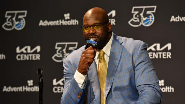 Shaquille O'Neal speaks during a press conference.