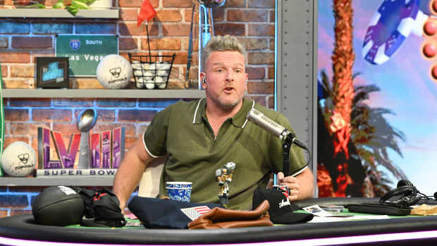 Pat McAfee hosting "The Pat McAfee Show" ahead of Super Bowl LVIII.