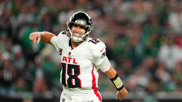 PHILADELPHIA, PA - SEPTEMBER 16: Kirk Cousins #18 of the Atlanta Falcons reacts after a play against the Philadelphia Eagles during a football game at Lincoln Financial Field on September 16, 2024 in Philadelphia, Pennsylvania. (Photo by Cooper Neill/Getty Images)