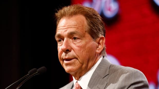 Alabama head coach Nick Saban on the podium.