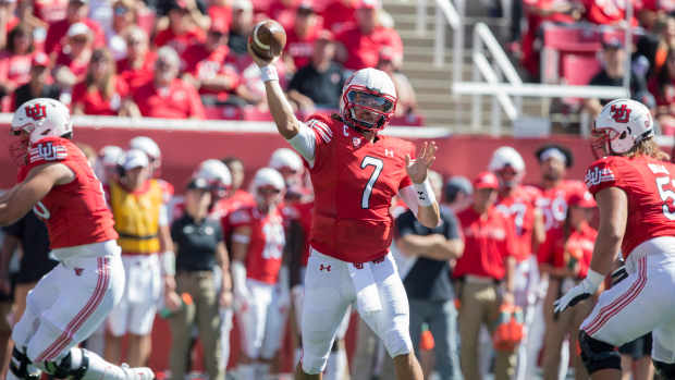 Utah's Cam Rising throws a pass in a game.