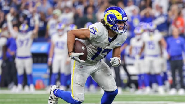 INDIANAPOLIS, INDIANA - OCTOBER 1: Puka Nacua #17 of the Los Angeles Rams runs the ball during the game against the Indianapolis Colts at Lucas Oil Stadium on October 1, 2023 in Indianapolis, Indiana. (Photo by Michael Hickey/Getty Images)