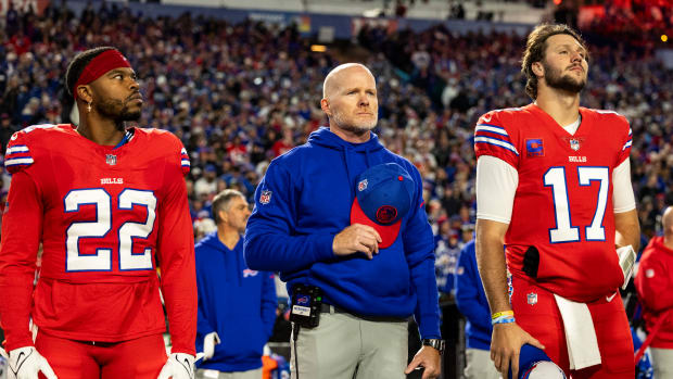 Damien Harris, Josh Allen and Sean McDermott on the sideline.