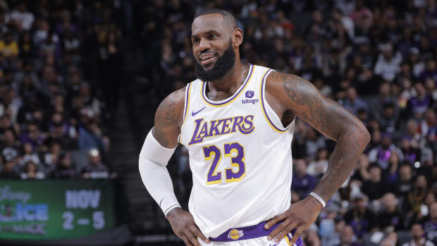 SACRAMENTO, CA - OCTOBER 29: LeBron James #23 of the Los Angeles Lakers looks on during the game against the Sacramento Kings on October 29, 2023 at Golden 1 Center in Sacramento, California. NOTE TO USER: User expressly acknowledges and agrees that, by downloading and or using this Photograph, user is consenting to the terms and conditions of the Getty Images License Agreement. Mandatory Copyright Notice: Copyright 2023 NBAE (Photo by Rocky Widner/NBAE via Getty Images)