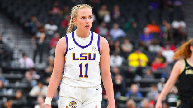 Hailey Van Lith on the court during first college basketball game with LSU.