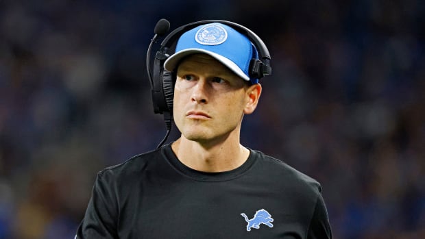 DETROIT, MICHIGAN - SEPTEMBER 24: Ben Johnson offensive coordinator with the Detroit Lions looks on during a game against the Atlanta Falcons at Ford Field on September 24, 2023 in Detroit, Michigan. (Photo by Mike Mulholland/Getty Images)