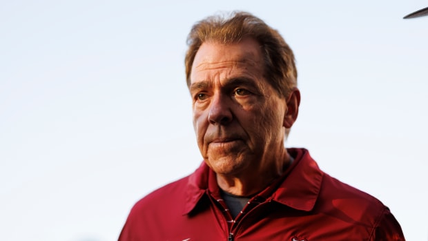 PASADENA, CALIFORNIA - JANUARY 01: Head coach Nick Saban of the Alabama Crimson Tide runs off the field at halftime during the CFP Semifinal Rose Bowl Game against the Michigan Wolverines at Rose Bowl Stadium on January 1, 2024 in Pasadena, California. (Photo by Ryan Kang/Getty Images)