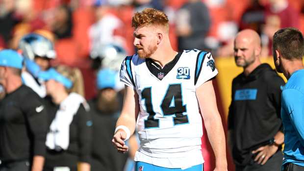 LANDOVER, MARYLAND - OCTOBER 20: Andy Dalton #14 of the Carolina Panthers on the field prior to the game against the Washington Commanders at Northwest Stadium on October 20, 2024 in Landover, Maryland. (Photo by Greg Fiume/Getty Images)