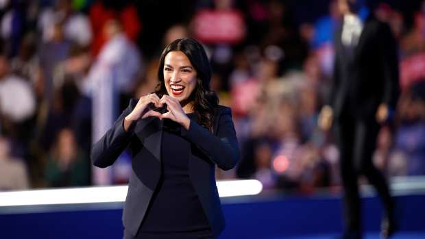 CHICAGO, ILLINOIS - AUGUST 19: Rep. Alexandria Ocasio-Cortez (D-NY) speaks onstage during the first day of the Democratic National Convention at the United Center on August 19, 2024 in Chicago, Illinois.  Delegates, politicians, and Democratic party supporters are in Chicago for the convention, concluding with current Vice President Kamala Harris accepting her party's presidential nomination. The DNC takes place from August 19-22. (Photo by Kevin Dietsch/Getty Images)