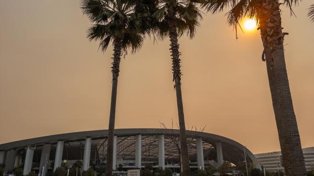 An outdoor shot of SoFi Stadium amid the wildfires.