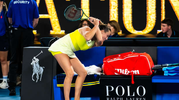 MELBOURNE, AUSTRALIA - JANUARY 25: Aryna Sabalenka of Belarus destroys her racket after losing to Madison Keys of the United States in the womens final on Day 14 of the 2025 Australian Open at Melbourne Park on January 25, 2025 in Melbourne, Australia (Photo by Robert Prange/Getty Images)