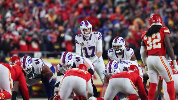 KANSAS CITY, MO - JANUARY 26: Buffalo Bills quarterback Josh Allen (17) before the snap on fourth down in the fourth quarter of the AFC Championship game between the Buffalo Bills and Kansas City Chiefs on January 26, 2025 at GEHA Field at Arrowhead Stadium in Kansas City, MO. (Photo by Scott Winters/Icon Sportswire via Getty Images)