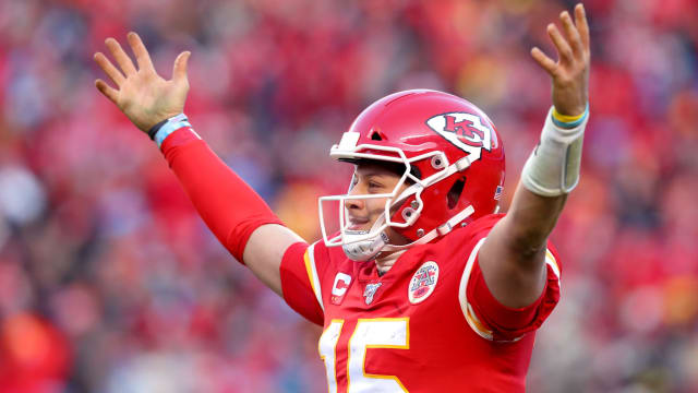 Kansas City Chiefs quarterback Patrick Mahomes celebrates the AFC Championship Game win.