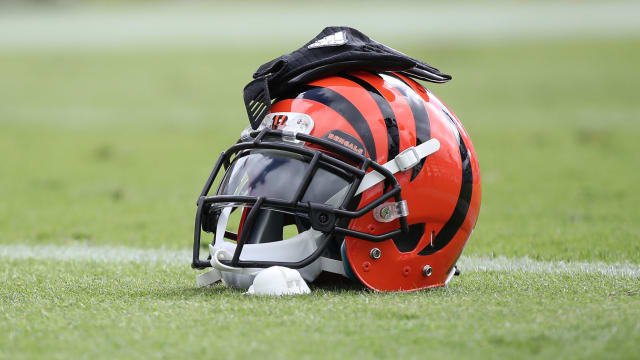 A general photo of a Cincinnati Bengals helmet on the field.