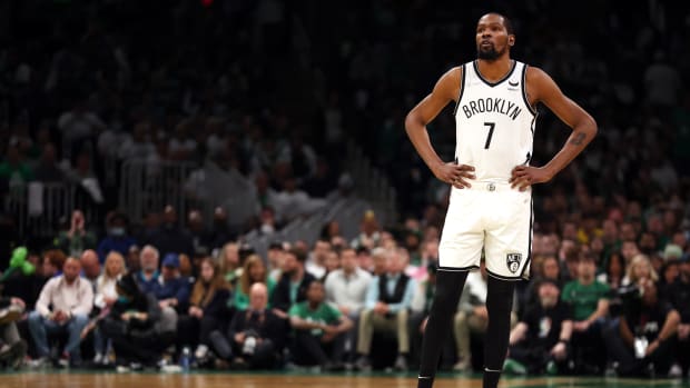 BOSTON, MASSACHUSETTS - APRIL 17: Kevin Durant #7 of the Brooklyn Nets looks on during the first quarter of Round 1 Game 1 of the 2022 NBA Eastern Conference Playoffs against the Boston Celtics at TD Garden on April 17, 2022 in Boston, Massachusetts. (Photo by Maddie Meyer/Getty Images)