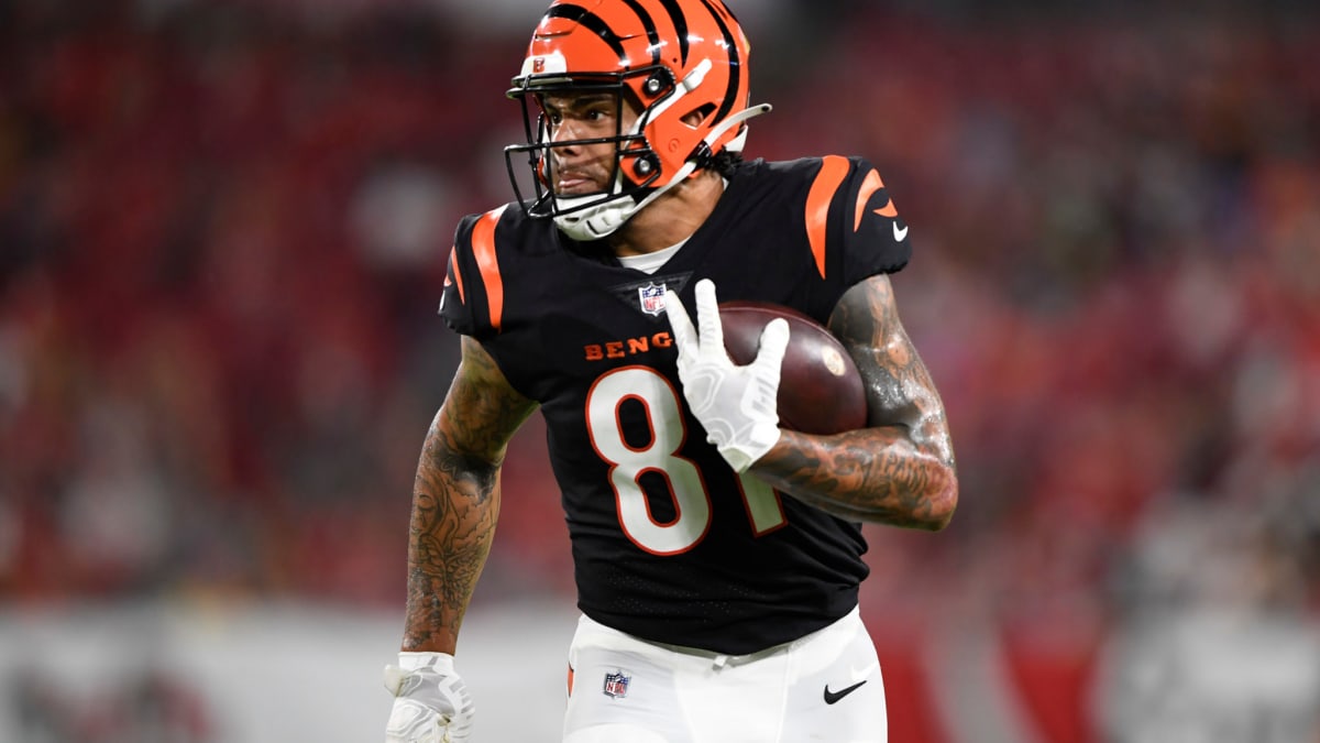 Cincinnati Bengals tight end Thaddeus Moss (81) reacts after his touchdown  is waived off as incomplete during a preseason NFL football game against  the Los Angeles Rams Saturday, Aug. 27, 2022, in