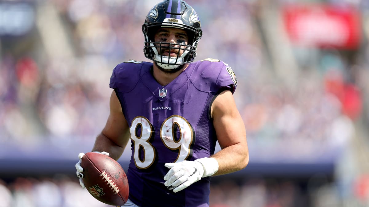 Baltimore Ravens tight end Mark Andrews looks on from the sideline