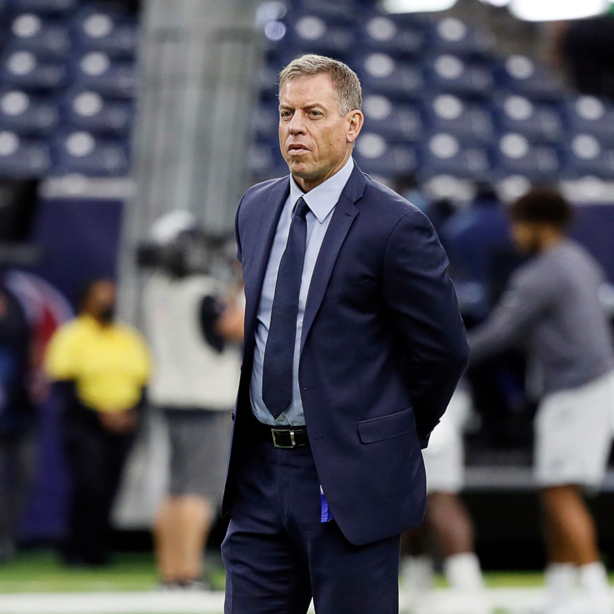 FOX sports NFL announcer Troy Aikman is seen talking with Panthers head  coach Matt Rhule before a Thursday night NFL football game between the Carolina  Panthers and the Houston Texans, Thursday, Sept.