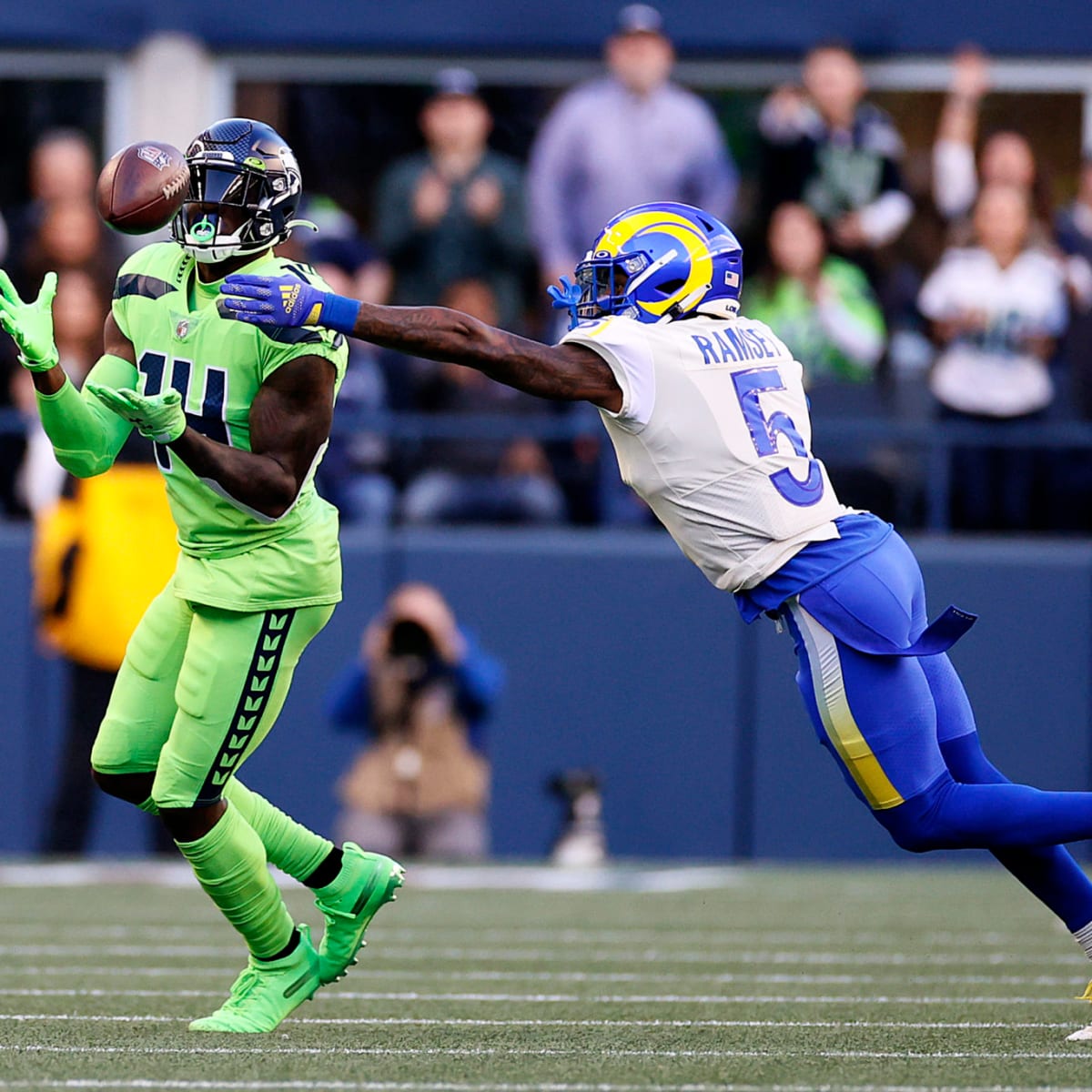 Los Angeles Rams cornerback Jalen Ramsey (5) grabs the jersey of