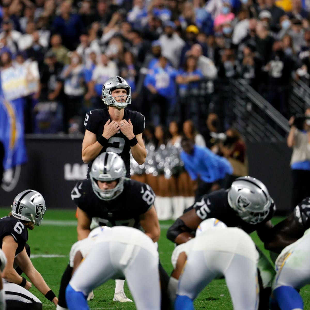 JACKSONVILLE, FL - NOVEMBER 06: Las Vegas Raiders place kicker Daniel  Carlson (2) kicks during the g