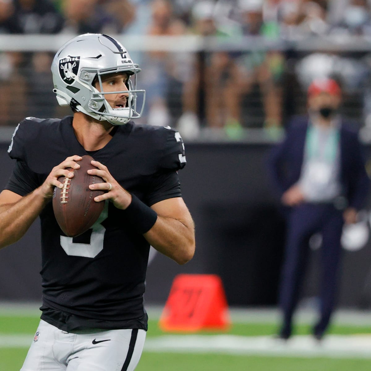 Las Vegas Raiders quarterback Nathan Peterman (3) looks to pass against  Seattle Seahawks during the first