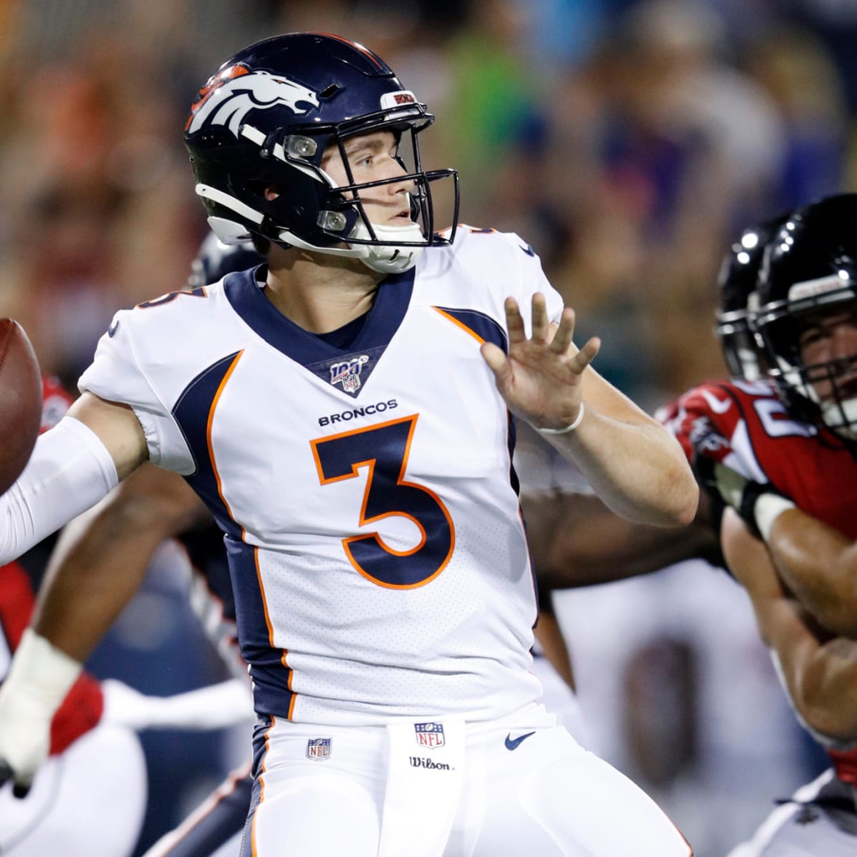 Denver Broncos quarterback Brett Rypien (4) looks to throw against the  Atlanta Falcons during the second half of the Pro Football Hall of Fame NFL  preseason game, Thursday, Aug. 1, 2019, in